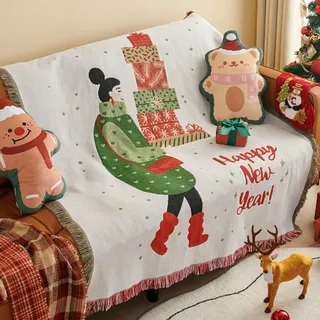 LumiSyne Weihnachts Dekorative Decke Baumwolle Gewebt Überwurf Mit Quaste Weihnachten Thema Jacquard Wandteppich Kuscheldecke Überwürfe Decke Für Bett Couch Sessel Camping Tischdecke Teppich 160x130cm