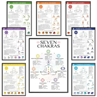 Chakra-Poster 25,4 x 35,6 cm, Yoga-Posen, laminiert, spirituelle Dekoration, 7 Chakra-Dekor, vertikale Wandkunst für Yoga-Raum, Wurzel, Krone, drittes Auge, Sakral, Reiki-Raum, Heimdekoration, 8 Stück