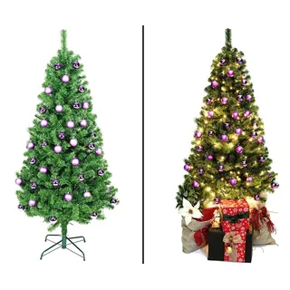 Weihnachtsbaum Narwik 180cm geschmückt mit lila farbigen Kugeln und LED Beleucht