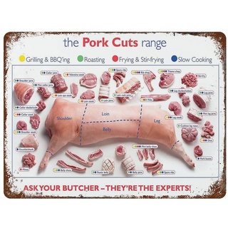 Pork Cuts Butcher Chart Blechschild, Wanddekoration, lustiges inspirierendes Zitat, Wandkunst, Vintage-Blechschilder für Zuhause, Kaffee, Bar, Mann, Höhle, Schild, Pub, Poster