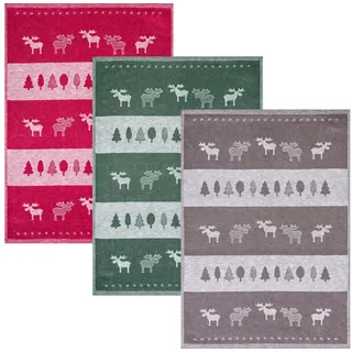 Kracht Geschirrtuch "Elchreihe" 3er-Pack Halbleinen rot/grau/dunkelgrün Größe 50x70 cm