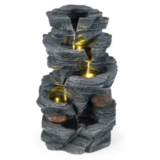 COSTWAY Zimmerbrunnen, 5-stufiger Tischbrunnen mit LED-Beleuchtung, leise Pumpe, Naturstein-Optik, Kaskadenbrunnen Wasserfall 27x20,5x45,5cm Kunstharz - Schwarz