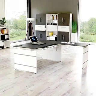 Eckschreibtisch Oveta mit Wangengestell | Höhe 68 - 76 cm | Breite 160 | Tiefe 180 cm | Cortina | Weiss/Grau/Anthrazit/Eiche | Dekor | Made in Germany