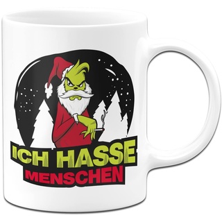 Tassenbrennerei Grinch Tasse mit Spruch: Ich hasse Menschen - Kaffeetasse, Weihnachtstasse lustig (Weiß)