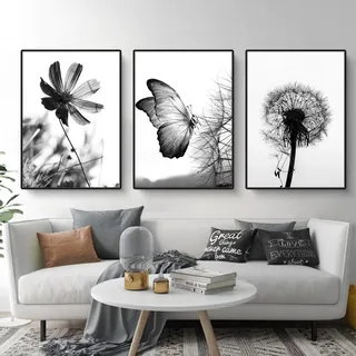 Martin Kench 3er Poster Set Aesthetic Schwarz-Weißer Schmetterling Blume Löwenzahn Bilder Set Moderne Wandbilder Wohnzimmer Schlafzimmer Wanddeko Art ohne Rahmen
