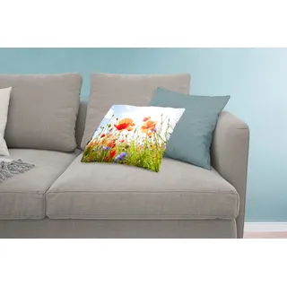 MuchoWow Dekokissen Blumen - Mohn - Frühling - Natur - Rot - Blau, Dekoration, Zierkissen, Dekokissen mit Füllung, 60x40 cm bunt Rechteckig | 60 cm x 15 cm x 40 cm