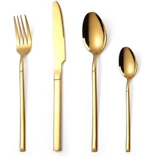 OriGlam Silbergeschirr Set, Edelstahl Flatware Besteck Set, Essgeschirr Geschirr beinhaltet Gabelmesser Löffel, Spülmaschinenfest (Gold)
