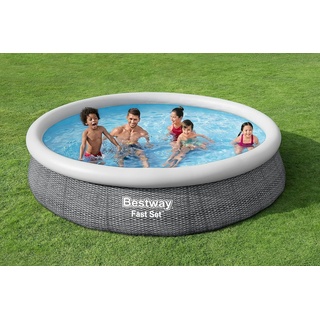 Bestway Fast Set runder aufblasbarer Pool mit Filterpumpe, graue Rattanoptik, 366 x 76 cm