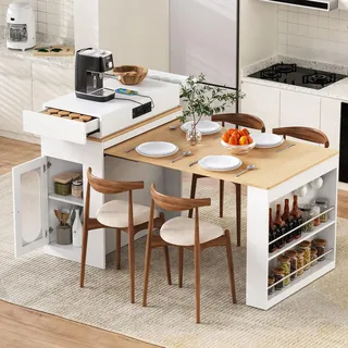 BTM Freistehend Kücheninsel mit Ausziehbarer Esstisch, Bartisch mit Steckdosenleisten, Sideboard Küche mit Rollen Weiß