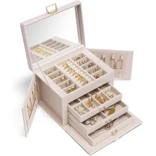 LuxusKollektion Schmuckkasten Schmuckkästchen Groß mit 4 Ebenen, Schmuckschatulle PU beige