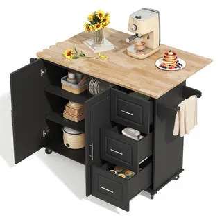 FurnitureR Kücheninsel aus MDF, Küchenwagen mit Klappplatte, 3 Schubladen, 2 Türen, Handtuchhalter und Stauraum, 137 x 43 x 92 cm, Schwarz mit helles Holzdekor, für Küche, mit viel Arbeitsfläche