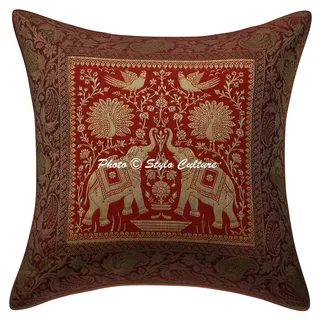 Stylo Culture Bohemien Dekorativ Brokat Seide Sofa Kissenbezüge 40x40 cm Rot Dekokissen Jacquard Wohnzimmer Couch Kissenhülle Elefant Quadrat Reißverschluss 16x16 Inch Kissen Bezüge - 1 STK.