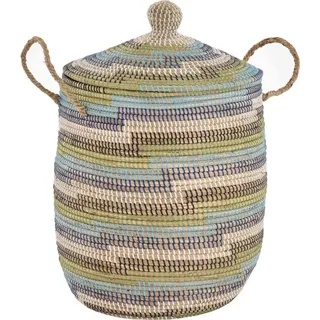 Krines Home Wäschekorb Wäschekorb Wäschesammler mit Deckel Dekokorb Aufbewahrungs-Box, Allzweck-Korb Natur Seegras mit bunten Wicklungen grün