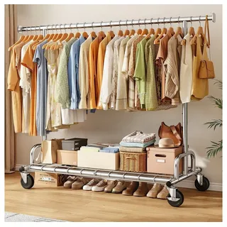 Klyvvo Kleiderständer auf Rollen, Ausziehbare Schwerlast Kleiderständer Stabil mit Rollen, (1 St), Kleiderstange aus Metall für Kleider, Pullover, Mäntel, Clothes Rack silberfarben