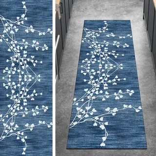 Ymural Vintage Teppich Läufer Flur Lang Kücheläufer 50x200CM Blau Kücheläufer rutschfest Teppichmatten Teppichläufer Waschbar Kurzflor Polyester Korridor Schlafzimmer, Anpassbar Breite 40-120cm