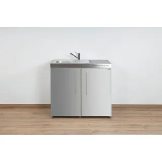 Stengel Küchenzeile Miniküche Premiumline MP 100, (Kleine Single Küchen 100 cm Edelstahl), Küchenblock mit Spüle und Kühlschrank silberfarben