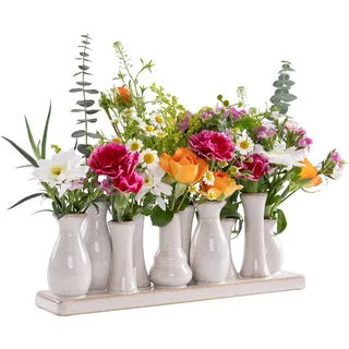 Jinfa 1 Set aus 10 kleinen Vasen auf festem Sockel | handgefertigte Blumenvasen Tischdeko | Antik-Weiß