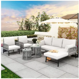 Ulife Gartenlounge-Set Gartenmöbel Set Rope Lounge für 6 Personen mit Eisenrahmen, 2 Eckbänke, 2 Sessel, 1 Couchtisch, 1 Beistelltisch grau