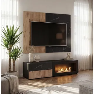 Raumhirsch Furniture Lowboard TV Schrank, TV-Möbel, Fernsehschrank, TV-Kommode (Maße: 160 x 45 x 42 cm (2 Schubladen, integrierter Bioethanol-Kamin), Lamellenoptik und Marmoroptik, Modernes Design, Einfache Montage schwarz