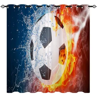 YUANZU Sport Vorhänge Fußball Bälle Auf Feuer Wasser Ösen Gardinen mit Blickdichte Thermo Vorhang Kälteschutz Blackout Curtain Kinderzimmer Schlafzimmer Verdunkelung Fenster, 2 Stück, H 220 x B 140 cm