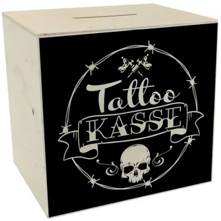 Spardose aus Holz mit coolen Tattoo-Motiven in schwarz - Tattookasse als Geschenk für Punks und Verrückte Freunde die Sich gerne tätowieren Lassen Aber Nicht Immer das nötige Geld
