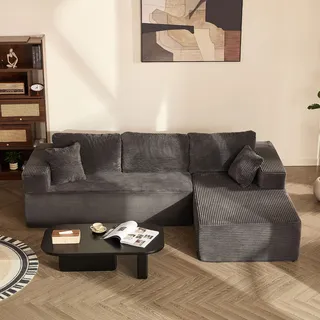 Litbird 272 cm Modulares Ecksofa mit L-Form und Schlaffunktion, vollgepolstertes Sofa mit Memory-Schaum und Cordstoff, Schlafsofa für Wohnzimmer (Grau, Recamiere rechts (Facing))