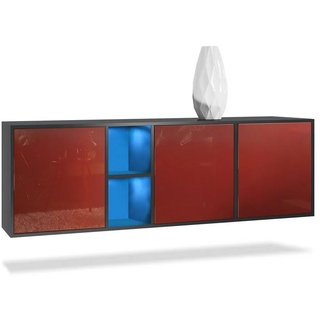 Vladon Sideboard Cuba (Kommode, mit 3 Türen und 2 offene Fächer), Schwarz matt/Brodeaux Hochglanz inkl. LED-Beleuchtung (182x53x35 cm) rot