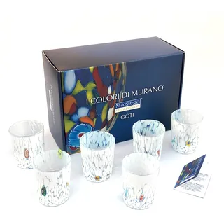 MAZZEGA ART & DESIGN - 6 Goto Tumbler Gläser aus Glas, mundgeblasen und handgearbeitet mit Murano-Murrine - Die Farben von Murano - Wasserglas Tumbler 350 ml. Made in Italy (6, Weiß + Box)