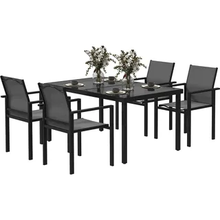 Outsunny Gartenmöbel Set für 4 Personen, Gartentisch mit 4 stapelbaren Stühlen, 140 cm gehärtetes Glasplatte, 54 mm Sonnenschirmloch, Gartenmöbel, Terrasse, Veranda, Schwarz   Aosom