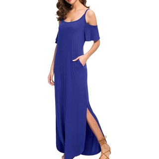 B.X Off-Shoulder-Kleid Off-Shoulder-Kleid Kurzärmliges langes mit VAusschnitt ELASTIC DRESS Frühlingsfarbenes, langes, geschlitztes Strapskleid blau XL