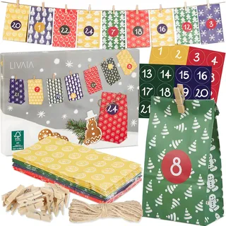 LIVAIA Adventskalender zum Befüllen 2025 - DIY Adventskalender Tüten Set mit 24 Papiertüten, Holzklammern, Zahlen Aufkleber, Jute Schnur - Weihnachts Adventskalender Basteln - Bunt 24 Motive