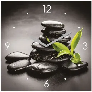 Levandeo® Wanduhr (Wanduhr Glas 30x30cm ZEN Steine Grün Glasuhr Uhr Glasbild Yoga)
