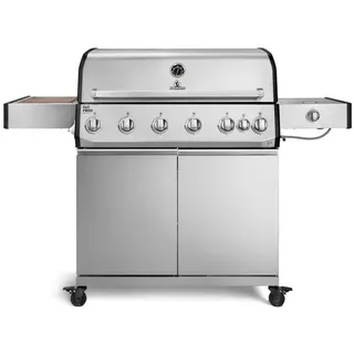 BURNHARD® Gasgrill 6-Brenner, 3,5 kW Edelstahl-Stabbrenner, Infrarot-Keramikbrenner, Heckbrenner, Seitenkochfeld, Edelstahlrost, große Grillfläche, Piezo-Zündung – Fat FRED Deluxe silberfarben
