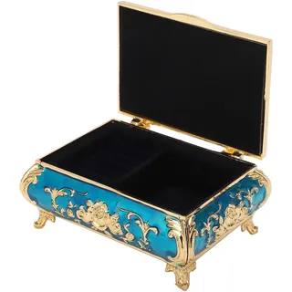 Schmuckkästchen Im Vintage-stil, Glänzende Zinklegierung, Leuchtende Und Kräftige Farben, Weiches, Kratzfestes Samt-interieur, Kleines Gold-blaues Schmuckkästchen
