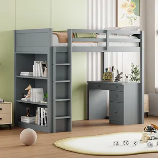 Merax Hochbett 90x200cm, Holz Kinderbett mit Schreibtisch & Schubladen, multifunktionales Etagenbett mit Regal, für Jungen, Mädchen, Grau (Ohne Matratze)