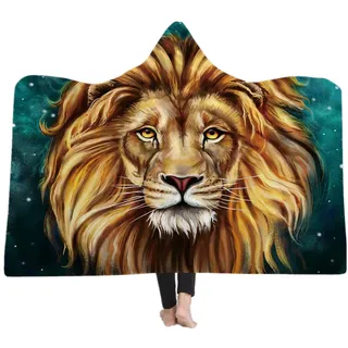 Gelber Löwenkopf Panda Mit Kapuze Decke für Erwachsene Kind Gothic Süßes Tier Modus Sherpa Fleece Wearable Decke Mikrofaser Bettwäsche (König der Löwen, 130x150cm)