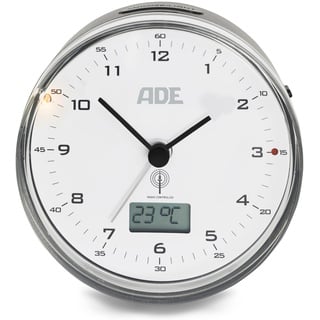 ADE Analoger Funkwecker ohne Ticken | mit Temperaturanzeige | Kalenderanzeige | analoger Wecker mit Licht | batteriebetrieben | schwarz
