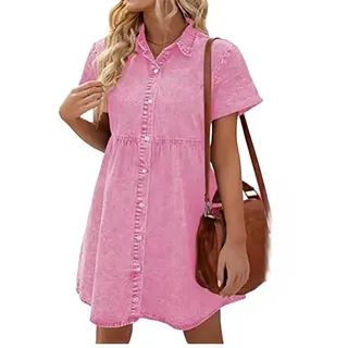 EVANEM Sommer Jeanshemdkleid Für Damen Vintage Kleid Über Dem Knie Hemdkleid Babydoll Jeanskleid Hemdkleid Mit Knopfleiste Spleiß Swing Kleid Für Die Arbeit Urlaub Party Bankett