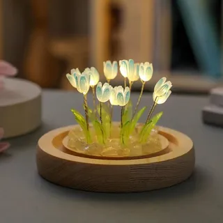 Tulpennachtlicht für Mädchen und Frauen, Glas-Blumenlampe mit Holzsockel, Nachttischlampe, ästhetisch für Schlafzimmerdekoration (20 blau)