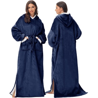 FEELJAM Decke mit Ärmel Pullover Decke Hoodie, Kuscheldecke mit Ärmeln und Kapuze Erwachsene Ganzkörperdecke als TV Decke Navy blau, 80 x 180 cm