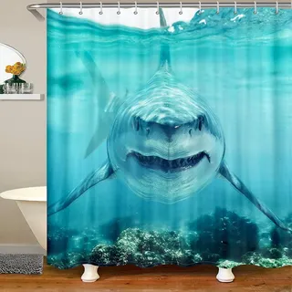 HATEGE Duschvorhang Anti-Schimmel Hai 3D Duschvorhänge 200x200 Ozean Duschvorhang Textil Waschbar Wsserdicht für Badezimmer Badewanne Badevorhang Bad