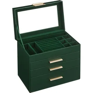Ochama x SONGMICS Schmuckkasten mit 4 Ebenen, Schmuckbox mit 3 Schubladen, Deckel aus Glas, für große Schmuckstücke, grün