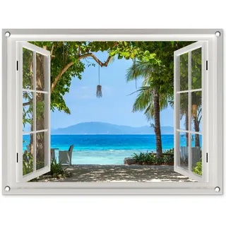 MuchoWow© Gartenposter Outdoor Bilder Gartendeko für draußen Wetterfest | 80x60 cm - Garten Sichtschutz Terrasse Deko Banner Bild Fensterblick - Baum - Meer - Palme - Hügel - Strand - Blau