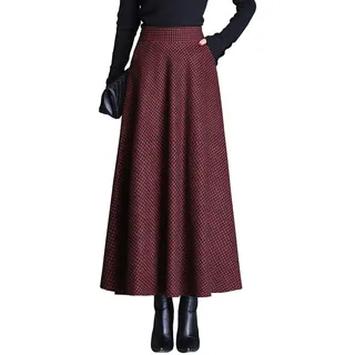 Damen Lang Rock Elegant Maxi Winterrock Plaid Warm Wollrock Hohe Taille Karierter röcke Herbst Elastische Taille Vintage A Linie Casual Midi Faltenrock B Red Wine XL - XL