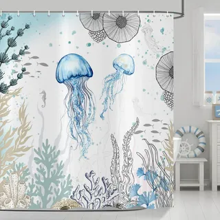 ASDCXZ Qualle Duschvorhang 120x200 cm, Aquarell Blau Quallen Unterwasserwelt Coral Sommer Ozean Nautisch Wasserdicht Badvorhang Polyester Textil Waschbar Duschvorhänge für Badewanne mit 8 Haken