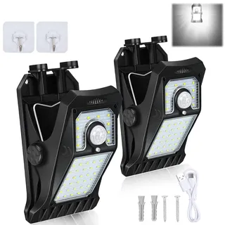 2X LED Solar Gartenleuchte mit Clip & Bewegungsmelder IP65 Wasserdicht, 3 Modi Außenleuchte Solar & USB, Zaunbeleuchtung Camping Solarlicht,Kaltweiß - Schwarz