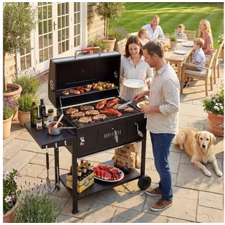 GUNJI Holzkohlegrill XXL Grill Holzkohle Smoker mit Thermometer, klappbare Ablagen & Rädern, Gartengrill mobiler Grill Outdoor Grill, Doppel-Seitenablagen, Grillfläche:71 x 43 cm für 8-12 Personen