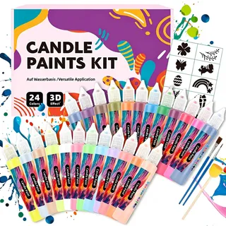 SUNXBUK Kerzenstifte 24 Stück Farben,Kerzen Bemalen Set,Selber Machen Set | Wachsstifte für Kerzen,mit Einer Bürste,Kerzentatoos,Verpackungsbox,für Gestalten und Dekorieren Candle(24 Farben,10ml)