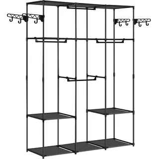WOLTU Kleiderschrank offen, Kleiderständer Garderobenständer, Garderobe mit Ablagen Kleiderstangen Haken, Standgarderobe Schlafzimmer, Kleiderregal aus Stoff Metall, Schwarz