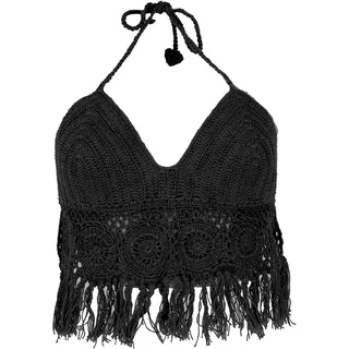 GURU SHOP Häkeltop, Bikinitop, Strandtop, Hippie Bra Flower Power, Damen | Handgefertigtes Design, 100% Baumwolle, Slim Fit, ideal für Strand und Dancefloor, auffällige Blumenbordüre, Fransen - 75A